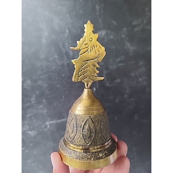 Brass Reindeer Christmas Tree Hand Bell Vintage Christmas Decor - Picture 5 of 10